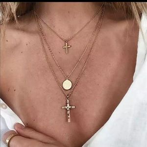 Gold Layered Double Cross Coin Necklace Set